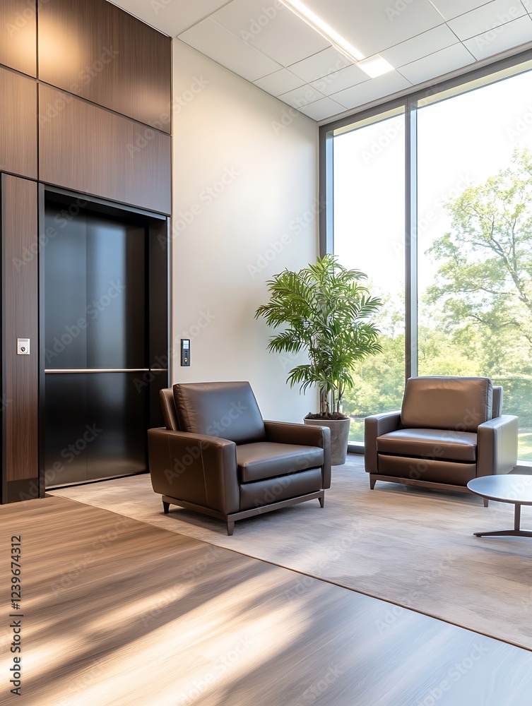 Aufkleber modern office lobby with elevator, cozy seating, and a view of greenery through large windows.