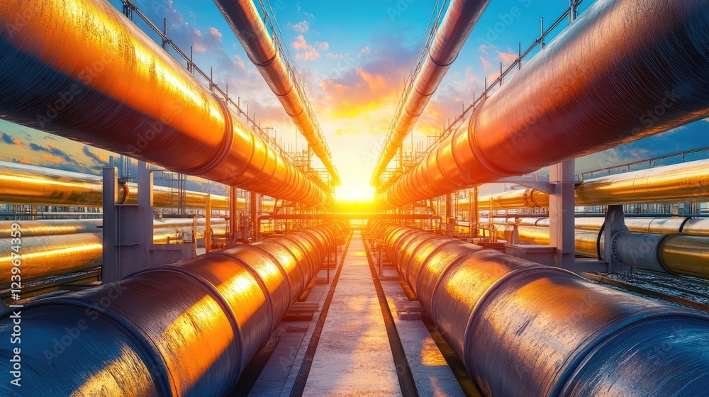 Poster an industrial pipeline system with complex technical designs and vibrant colors, against a modern hi