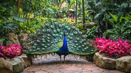 Majestic Peacock Displaying Colorful Feathers in Tropical Garden