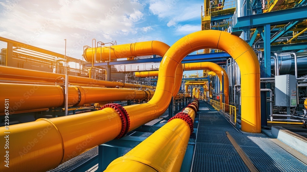 Poster An industrial pipeline system with vivid colors and intricate designs, situated in a high-tech environment under a sunny sky, showcasing advanced engineering.