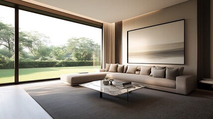 Fototapeta premium Modern living room with large windows, neutral tones, and a minimalist design overlooking a garden.