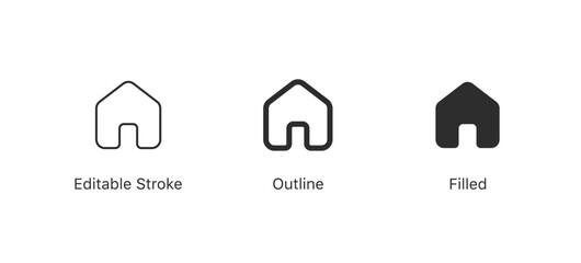 home icon set in flat style, house symbol homepage sign in solid, filled, line, outline and EDITABLE STROKE icon for ui apps and website