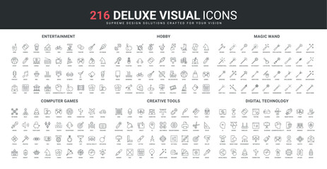 Entertainment and hobby, digital technology of computer game, controller line icon set. Different types of magic wand and creative tools of author thin black outline symbols vector illustration