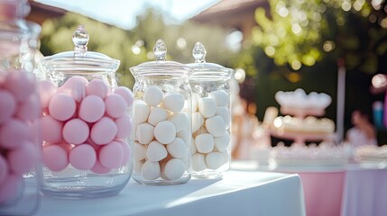 A pastel-themed party table with an aesthetic arrangement of white hues inside glass jars