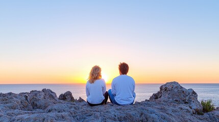 Fototapeta premium Couple watching sunrise ocean cliff romance