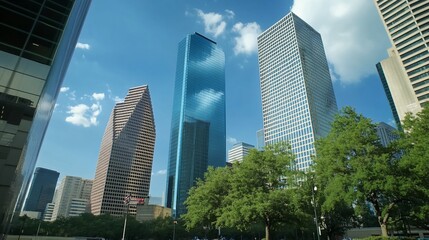 Fototapeta premium Modern Skyscrapers Reach for the Sky in an Urban Landscape under the Blue Sky