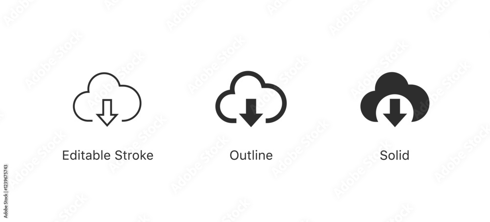 Poster Cloud download icons in editable stroke, outline, and solid styles. for file storage, data transfer and cloud based services
