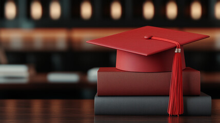 Graduation cap on stacked books symbolizing academic achievement and future opportunities in a warm, scholarly environment