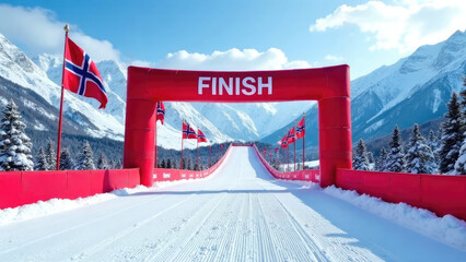 
A downhill ski racing course features a red "FINISH" banner and Norwegian flags on a bright, sunny day. Concept of athletic achievement. Cross-Country Skiing Nordic Ski World Championships