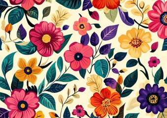 Colorful floral pattern with various flowers and vibrant leaves on a light background, ideal for spring and summer designs, emphasizing nature and beauty