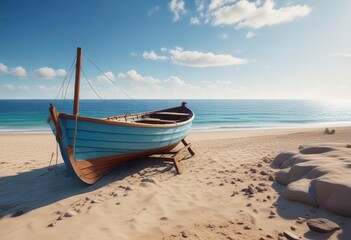 Obraz premium Blue striped background with a wooden boat docked on the shore, horizon, nature, landscape