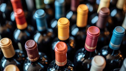 Beautifully arranged wine bottles with colorful caps and artistic labels, showcasing elegance and diversity in a luxurious setting