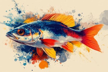 Fototapeta premium A Vibrant and Detailed Artistic Rendering of a Colorful Fish with Abstract Background and Dynamic Splashes of Blue, Orange, and Red