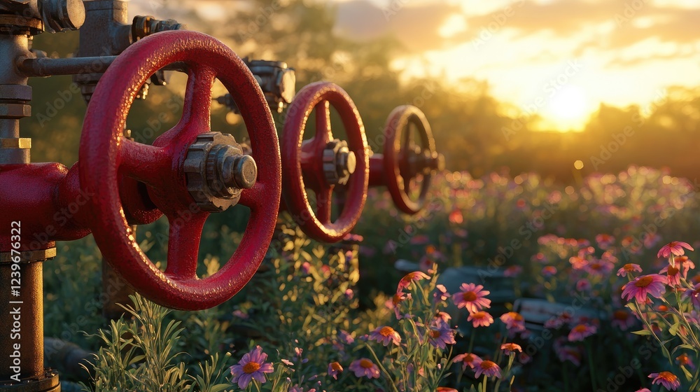 Poster bright red hand wheels on industrial valves, seamlessly blending with lush surroundings and a serene