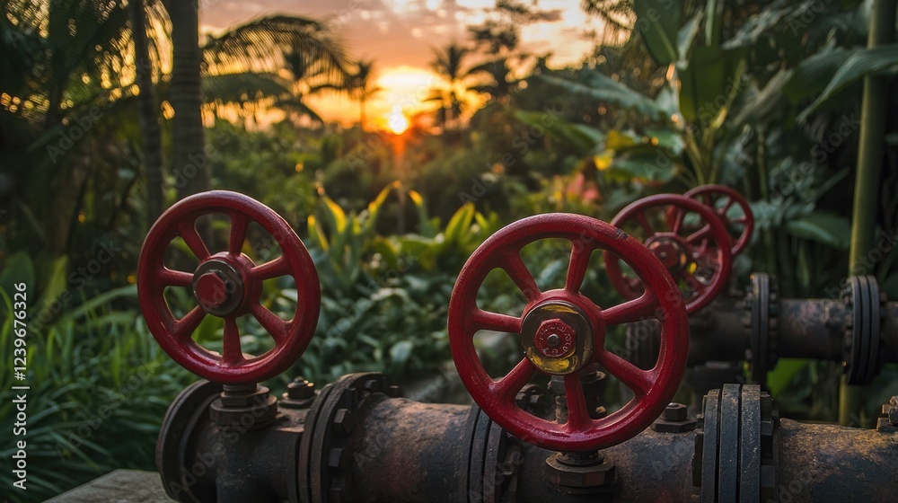 Poster bright red hand wheels on industrial valves, seamlessly blending with lush surroundings and a serene