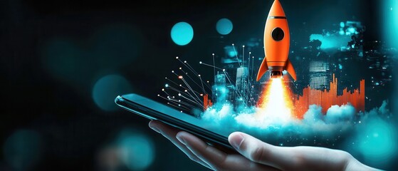 Launch Your Ideas: A powerful symbol of innovation and entrepreneurial spirit as a rocket blasts off from a smartphone screen, representing the limitless potential of mobile technology.  