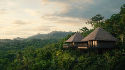 Tropical Eco-Friendly Houses on Mountain Surrounded by Lush Forest