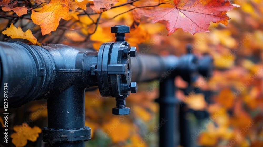 Poster close-up of high-tech pipeline fittings with a backdrop of vibrant autumn foliage, merging innovatio