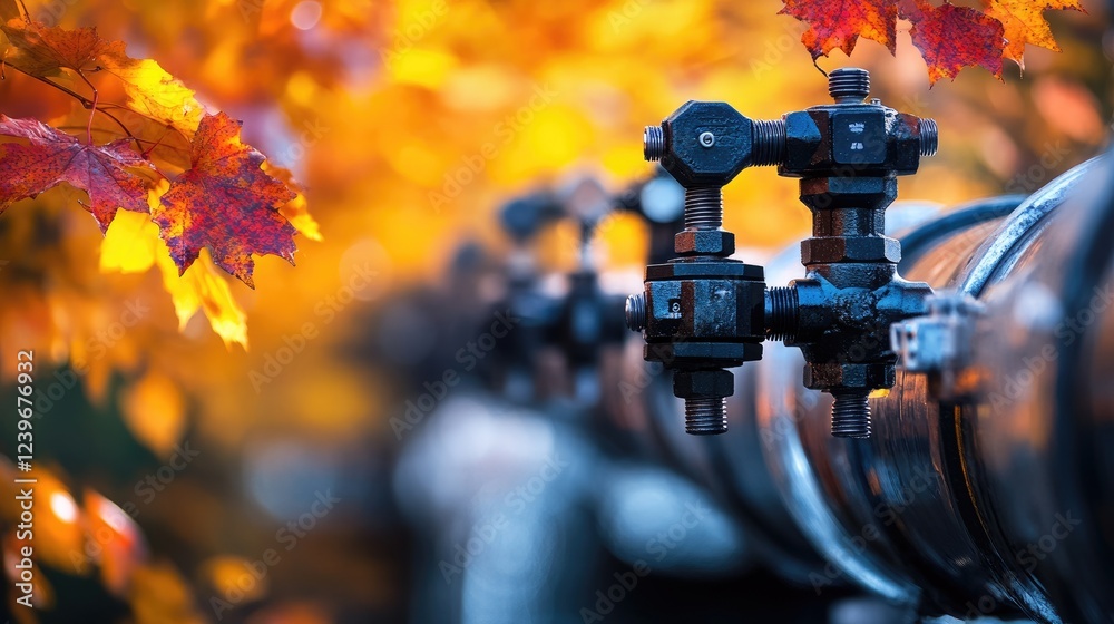 Poster close-up of high-tech pipeline fittings with a backdrop of vibrant autumn foliage, merging innovatio