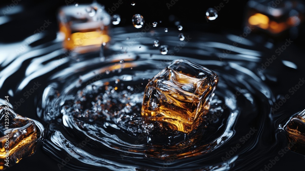 Poster close-up of ice cubes melting on a black glossy surface, with dynamic ripples from whiskey and water