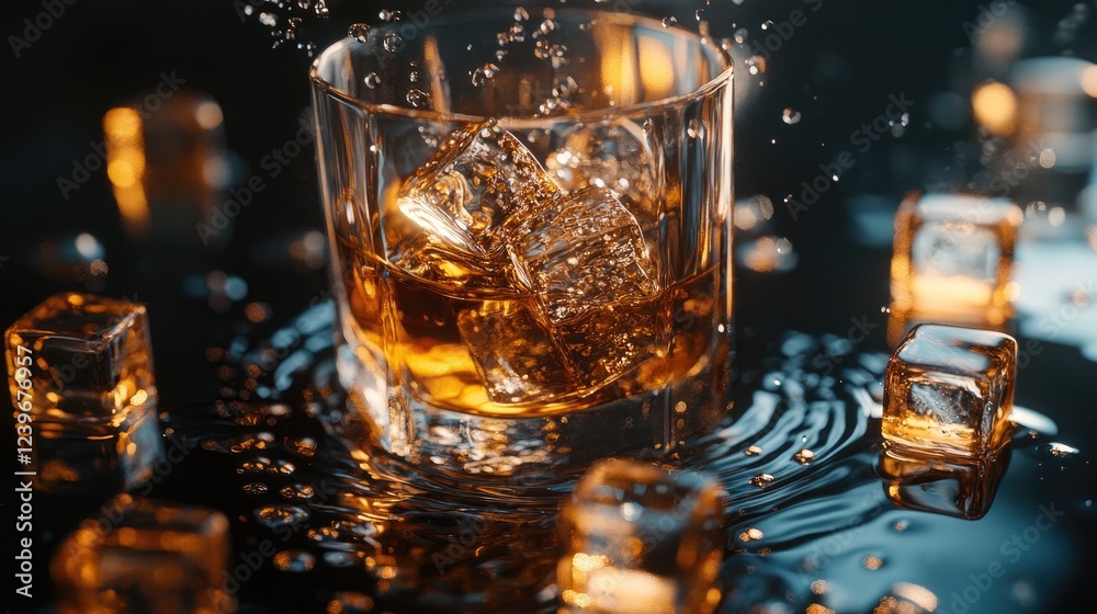 Poster close-up of ice cubes melting on a black glossy surface, with dynamic ripples from whiskey and water
