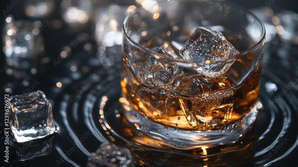 Poster close-up of ice cubes melting on a black glossy surface, with dynamic ripples from whiskey and water