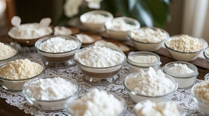 Fototapeta premium Close-up of transparent jars displaying different white powders, neatly placed on a decorated table
