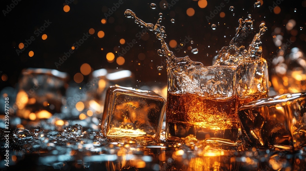 Poster close-up of intricate ice cubes surrounded by whiskey splashes and water droplets, illuminated by wa