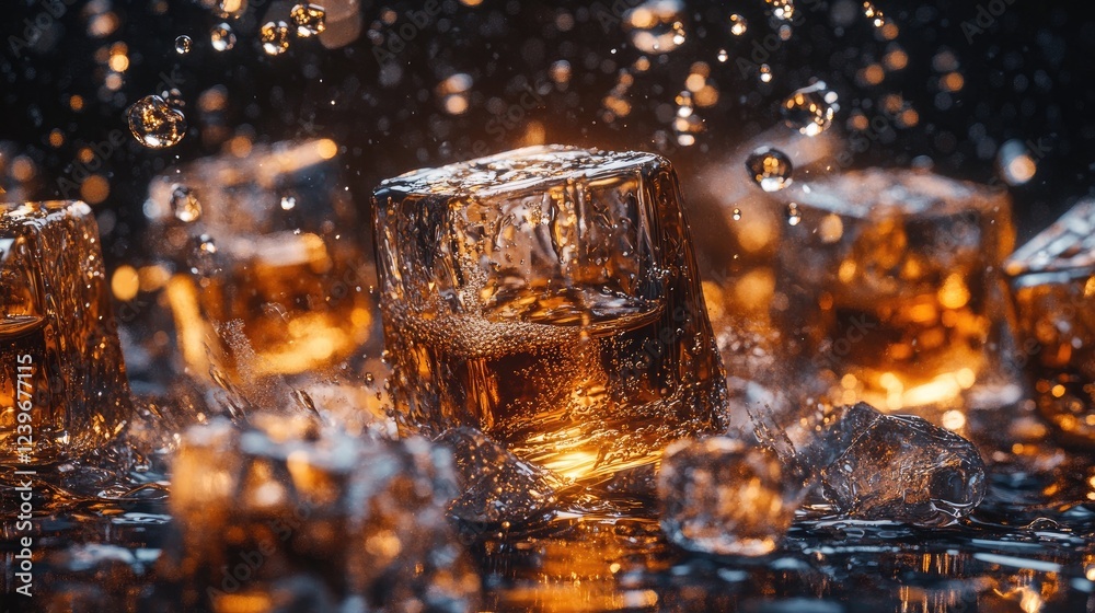 Poster close-up of intricate ice cubes surrounded by whiskey splashes and water droplets, illuminated by wa