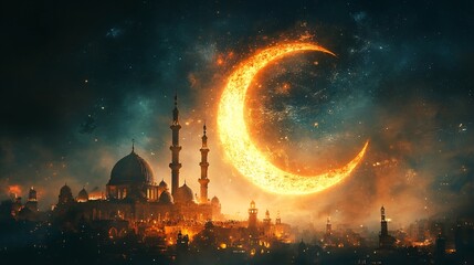 Ramadan card with mosque  at night