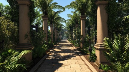 Obraz premium Serene Garden Pathway Surrounded by Lush Green Foliage and Palm Trees
