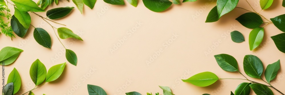 Aufkleber fresh green leaves arranged on a light beige background creating a natural frame for design or decor