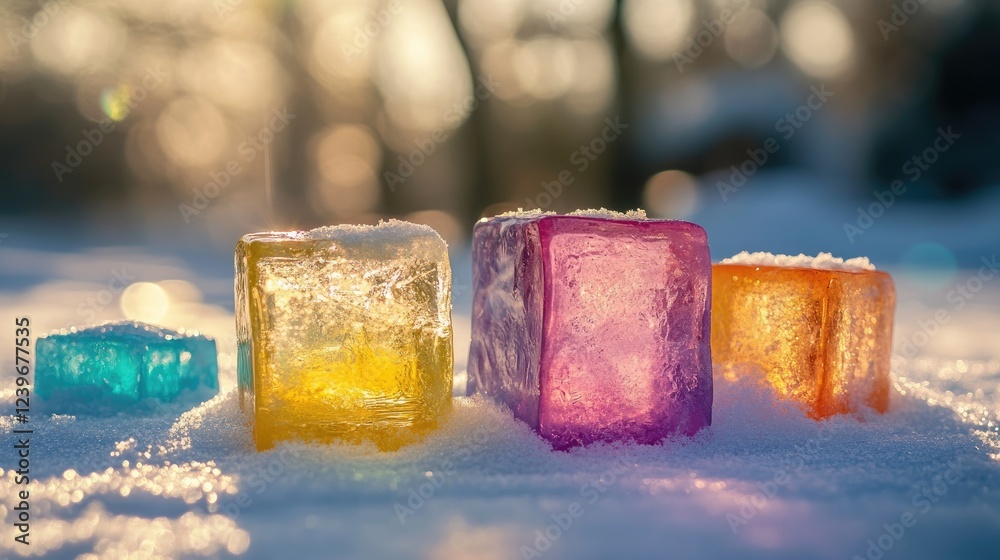 Poster colorful ice blocks placed on a snowy surface, with gentle sunlight reflections and a blurred backgr