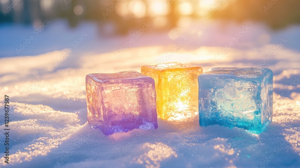 Poster colorful ice blocks placed on a snowy surface, with gentle sunlight reflections and a blurred backgr