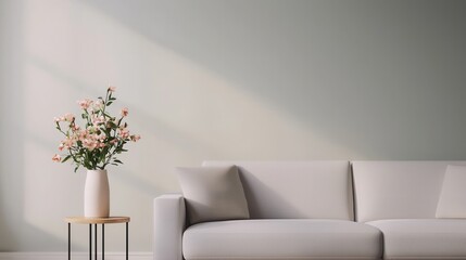 Modern Minimalist Living Room with Neutral Colors and Floral Accent