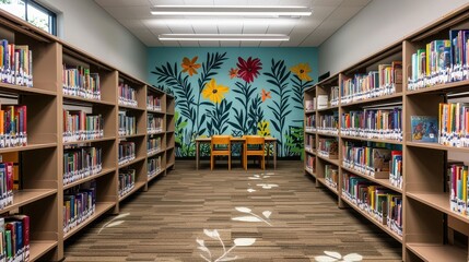 Obraz premium Bright and Colorful Library Space with Books and Floral Mural