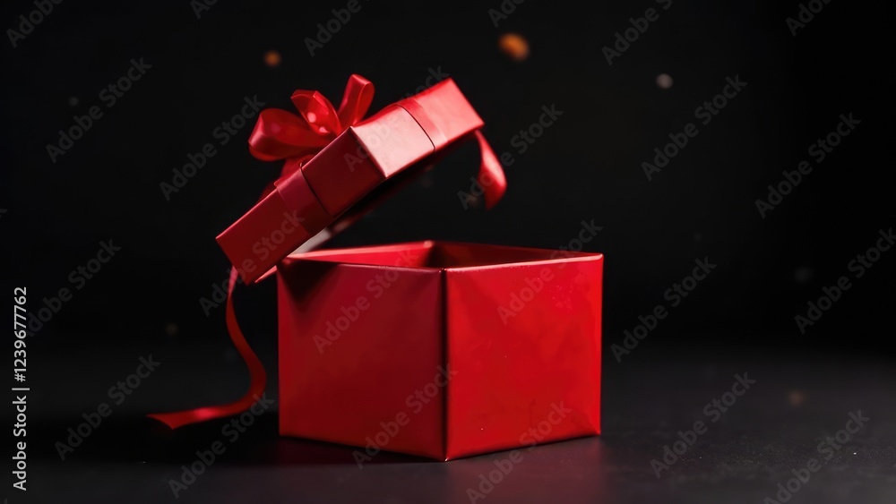 Wall mural An open, red gift box with a ribbon is set against a dark background. Concept of: Unveiling surprise.