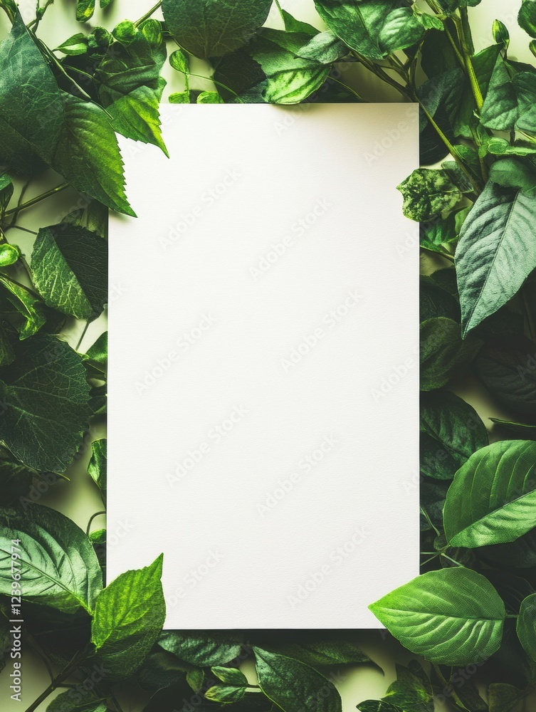 Aufkleber blank paper surrounded by lush green leaves in a serene natural setting during daylight. generative 