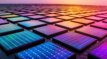 Futuristic Solar Panel Grid on Water Reflecting Vibrant Colors
