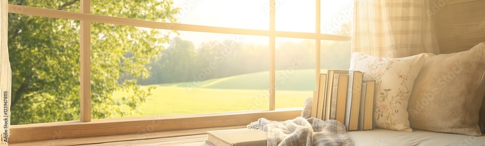 Poster cozy reading nook with sunlight streaming through a large window, surrounded by greenery and soft de
