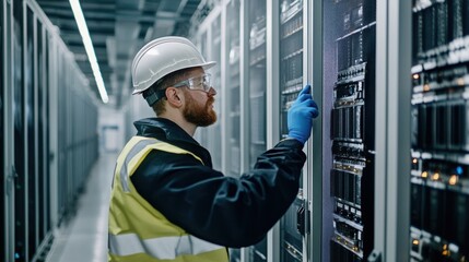 A medium closeup depicting a technician in safety gear inspecting a massive energy storage unit hands on the transparent safety cover revealing the complex array of electronic connections