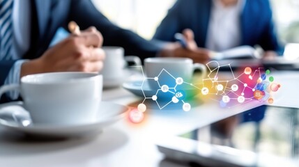 Business professionals discussing data insights over coffee showcasing a vibrant tech interface and collaborative brainstorming in a bright modern office environment