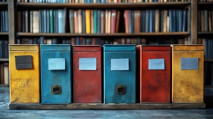 A row of five red, yellow, and blue boxes are lined up on a shelf