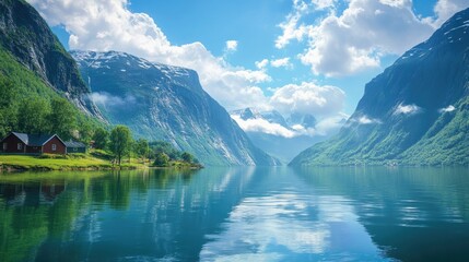 Experience the awe-inspiring beauty of a Norwegian fjord, with majestic mountains rising from the water and vibrant natural colors in a serene landscape.
