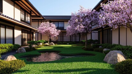 Serene Japanese Garden with Cherry Blossom Trees and Tranquil Pond