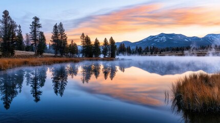 Fototapeta premium Serene Mountain Lake at Sunrise with Reflections and Mist