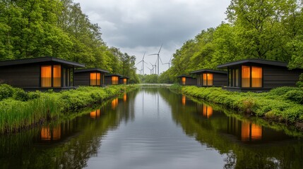 Tranquil Eco-Friendly Cabins by Serene Water and Wind Turbines