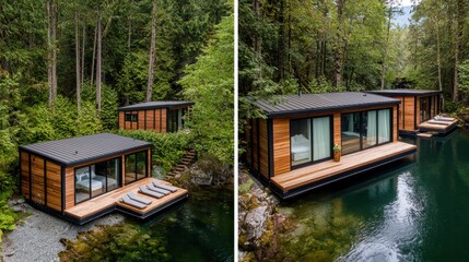 Obraz premium Modern wooden cabins by a serene forest lake with lush greenery