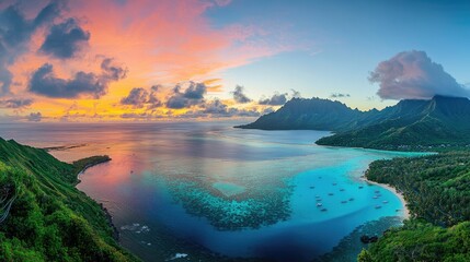 From a high-angle view, the vibrant colors of the sunset over the South Pacific Ocean create a breathtaking panorama, casting a warm glow over the lagoon of Moorea.