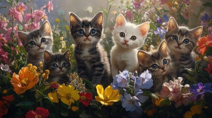 Adorable kittens in colorful flower garden, springtime scene, pet adoption